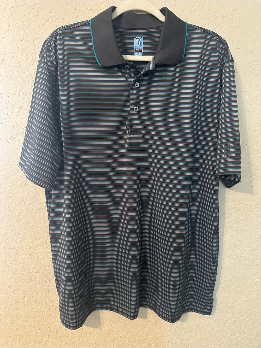 PGA Tour gray Polo with Teal Pinstripes o